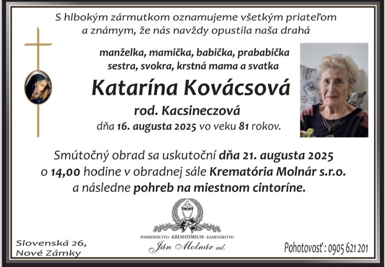 Parte pre Kovácsová Katarína rod. Kacsineczová