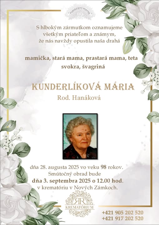 Parte pre Kunderlíková Mária rod. Hanáková