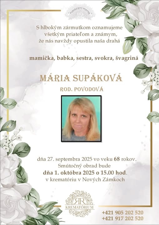 Parte pre Supáková Mária rod. Povodová