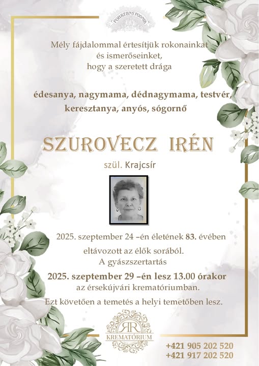 Parte pre Szurovec Irén szül. Krajcsír